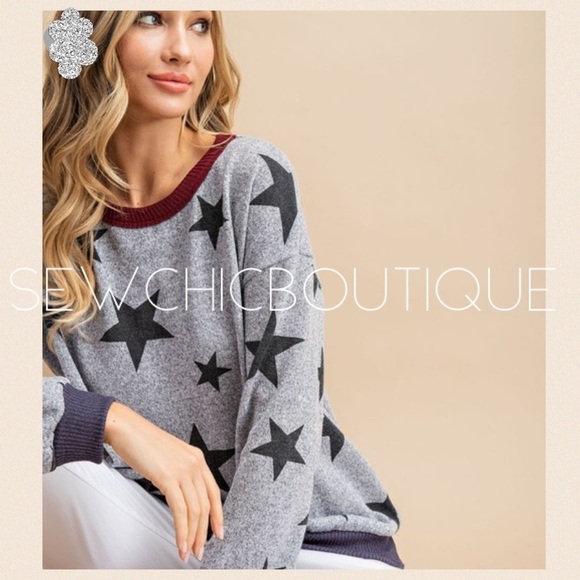 Last! Heather Gray Star Print Knit Top w/ Contrast Trim - Picture 3 of 6